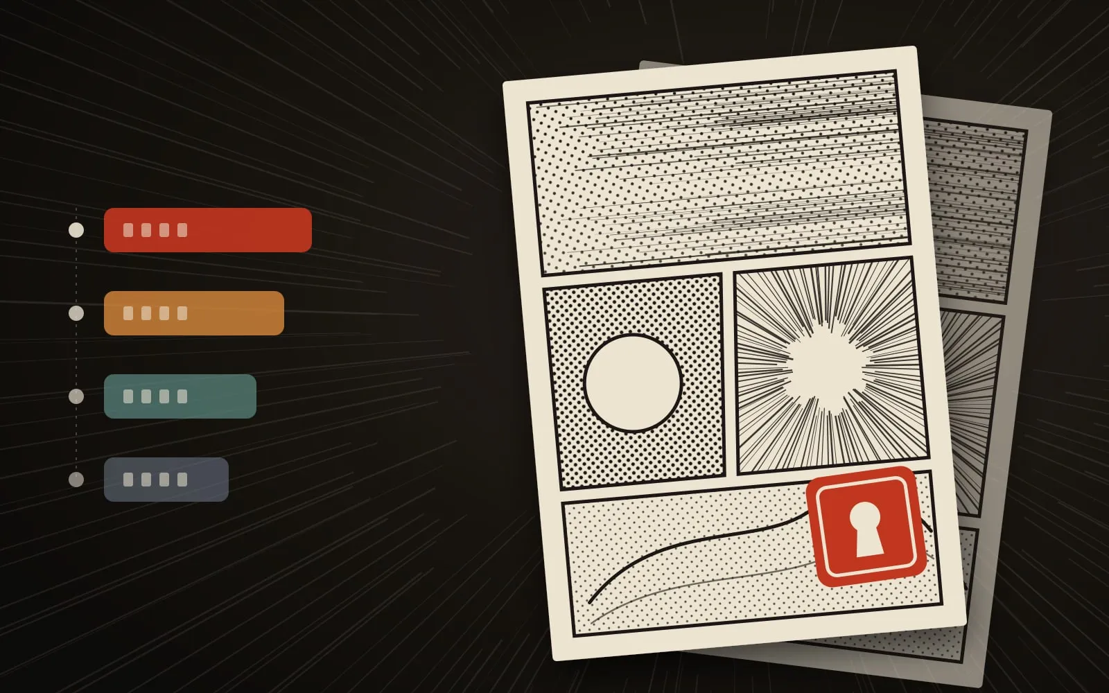 Abstract illustration of stacked manga pages, four storage tiers and a red seal with a keyhole
